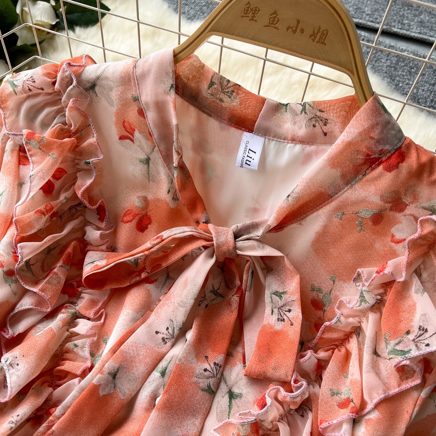 French Vintage Ruffle print chiffon Bandage Bow Puff Sleeves short Sleeves Dress Casual Women Fashion summer dresses