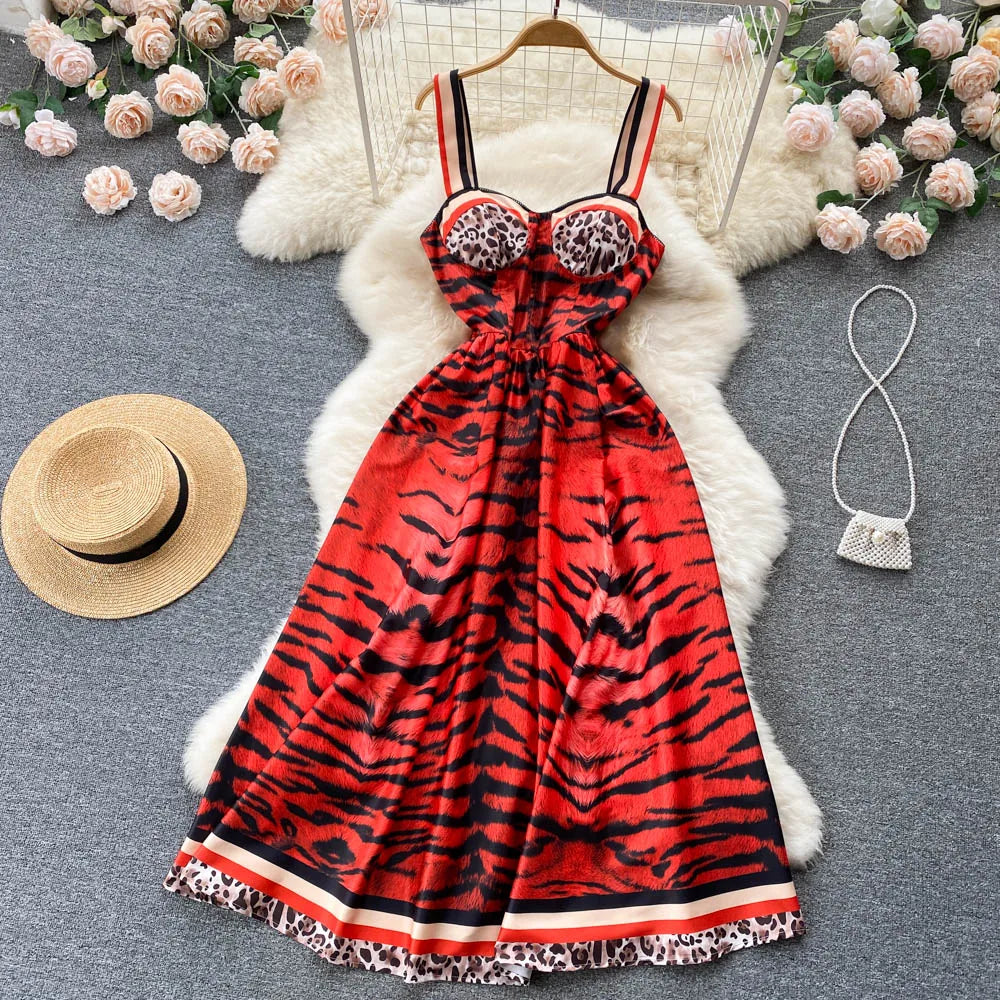 Women Vintage Party Dress Summer Leopard Print Three-dimensional Midi Dresses Ladies Elegant A Line High Waist Long Robe