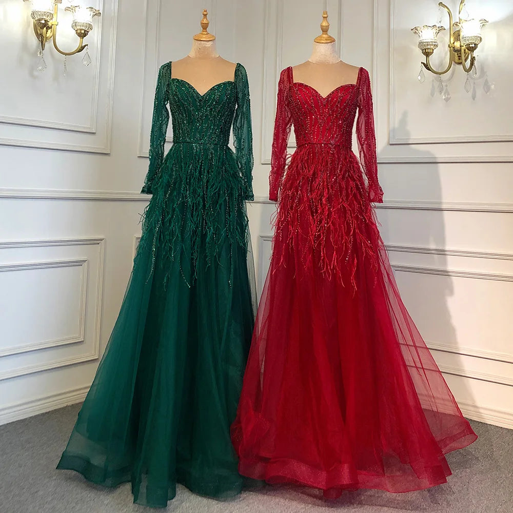 Serene Hill Arabic Red Elegant A Line For Women Long Sleeves Evening Dress Luxury Beaded Handmade Feathers 2024 LA71468