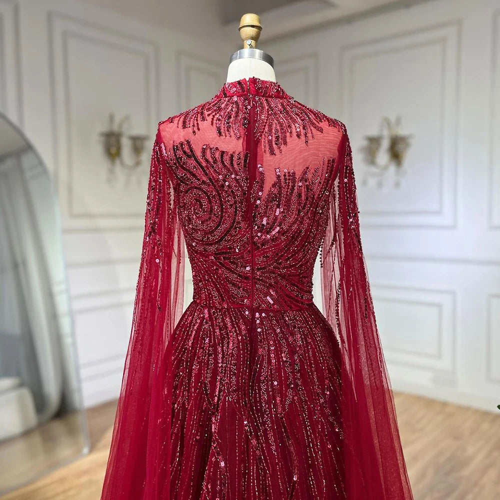 Serene Hill Caramel Luxury Evening Dresses with Cape Sleeves A-Line Beaded Lace Gown For Women's Wedding Party 2024 LA72386