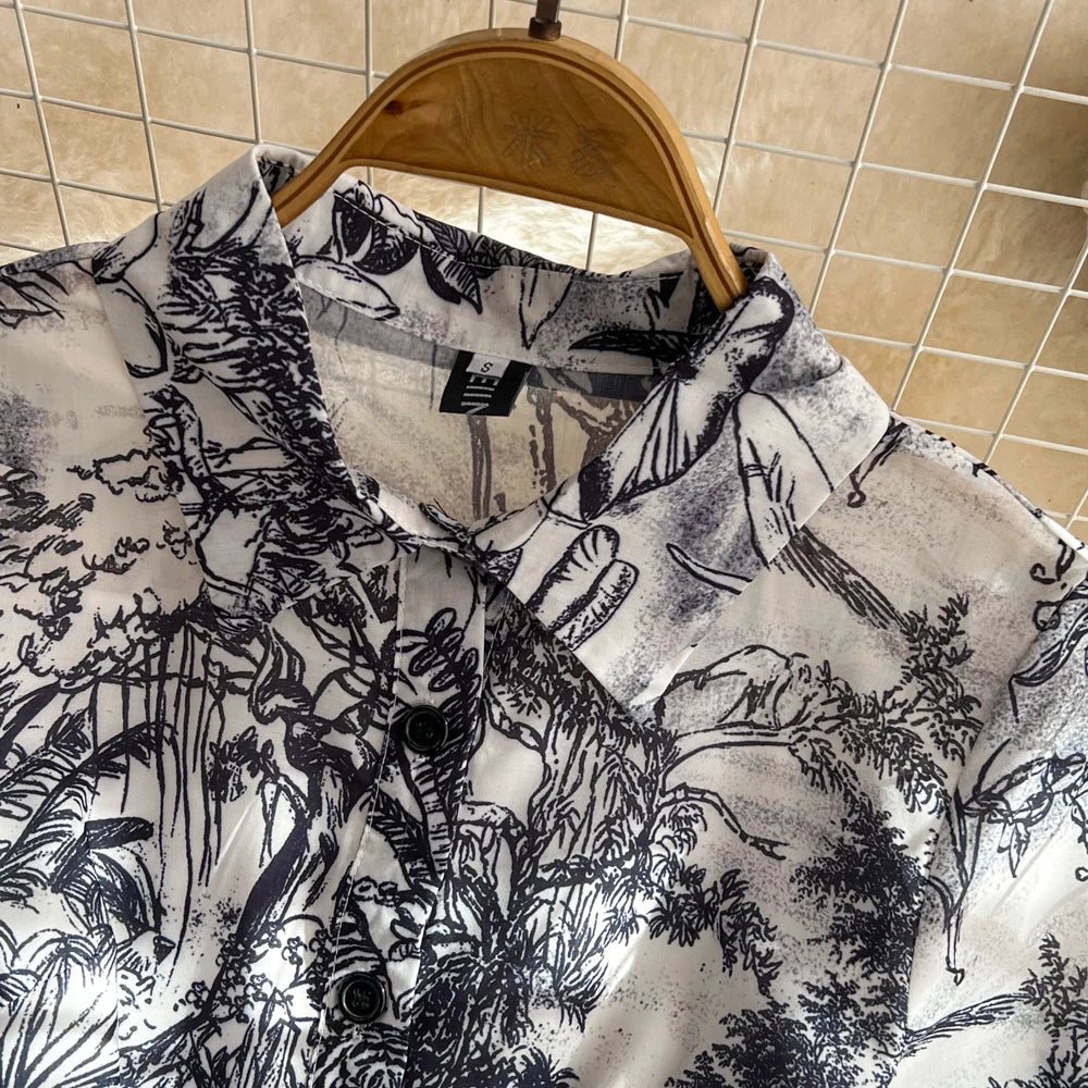 Summer Retro Shirt Dress Women Short Sleeved Lapel Single Breasted A-line Print Long Dresses Ladies Elegant Party Long Robe