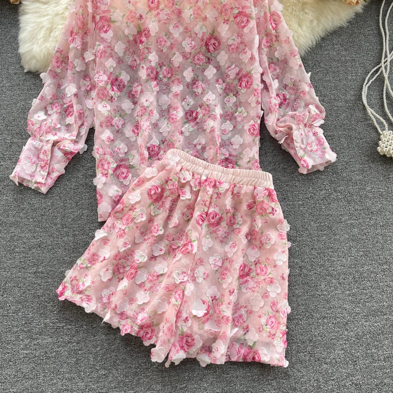 Clothland Sweet Appliqued Floral Blouse Suit Two Piece Pink Set Long Sleeve Shirts Mini Shorts Spring Set TZ228