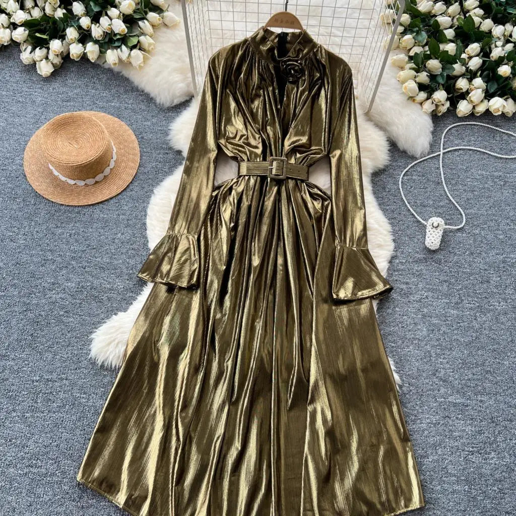 Autumn Vintage Pleated Women Long Dress Elegant Stand Collar Solid A-Line Party Prom Vestidos Female Birthday Clothes Mujers