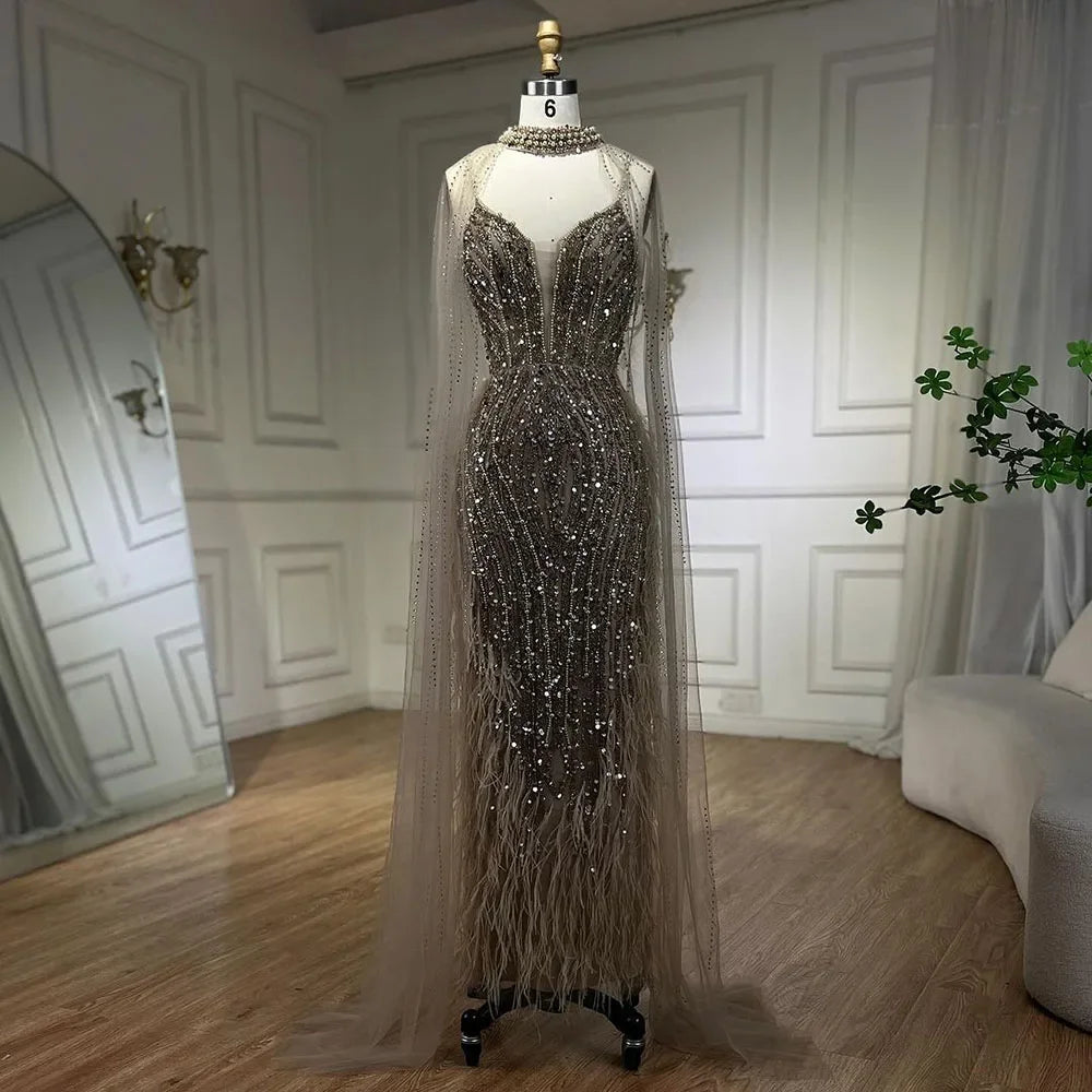 Serene Hill 2024 White Nude Mermaid Wedding Party Dresses with Beaded Feathers Luxury Cape Sleeves Prom Party Gowns LA72047A