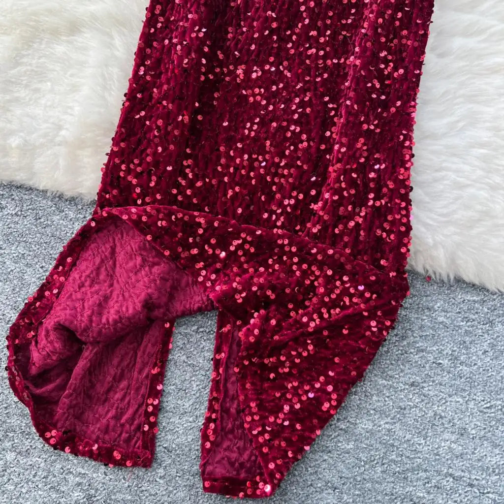 Women's Sexy Velvet Evening Gown Luxury Dresses V-Neck Flare Sleeve Split Long Dress Fashion Slim Robe Birthday Party Autumn New