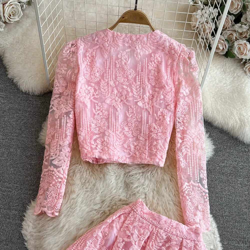 High Quality Floral Embroidery Two Piece Sets Women Suits Elegant OL Long Sleeve Shirt Mid Skirts 2 Piece Outfits Female