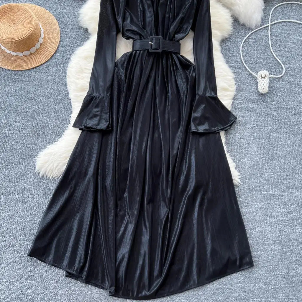 Autumn Vintage Pleated Women Long Dress Elegant Stand Collar Solid A-Line Party Prom Vestidos Female Birthday Clothes Mujers
