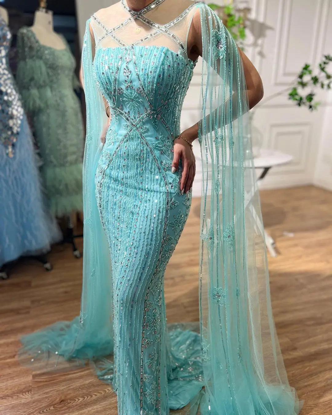 SERENE HILL Arabic Caramel Mermaid Elegant Cape Sleeves Beaded Luxury Evening Dresses 2024 Formal Gown For Women Party GLA71905A