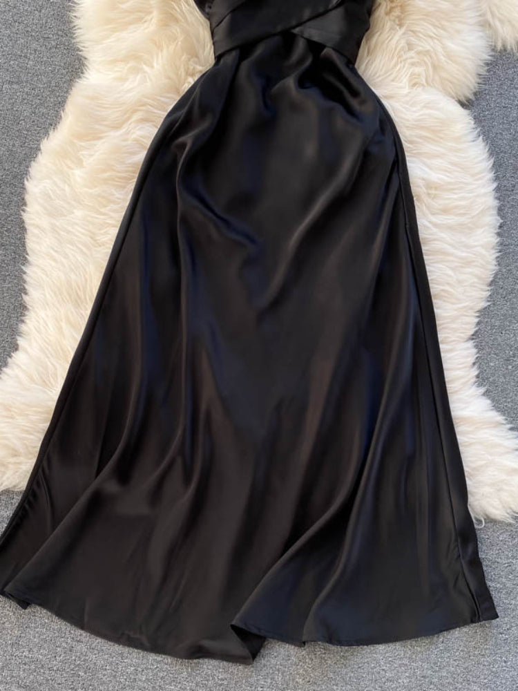 New Women Casual Long Dress Summer Cross V-neck Sexy Off-shoulder Dresses Ladies Sleeveless Slim Satin Long Robe Vestidos