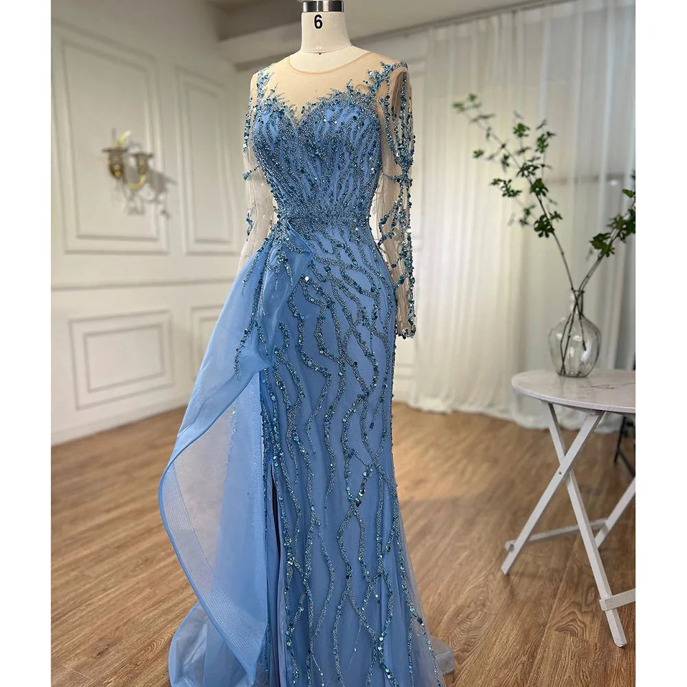 Serene Hill Blue Long Sleevele Elegant Mermaid High Split Evening Dresses 2024 Women Party Gowns with Side Skirt LA72044