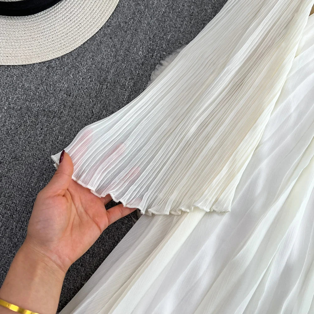 Autumn Solid Pleated Long Dresses for Women Halter V-Neck Flare Sleeve Wedding Party Dress Korean Fashion One Piece Vestidos New