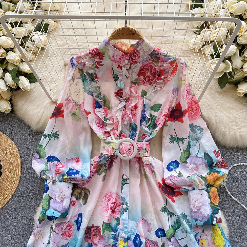 Mini Dresses For Women Frill Trim Long Sleeve Spring Vacation Dress Stand Collar Elegant Vintage Floral Print Dress With Belt