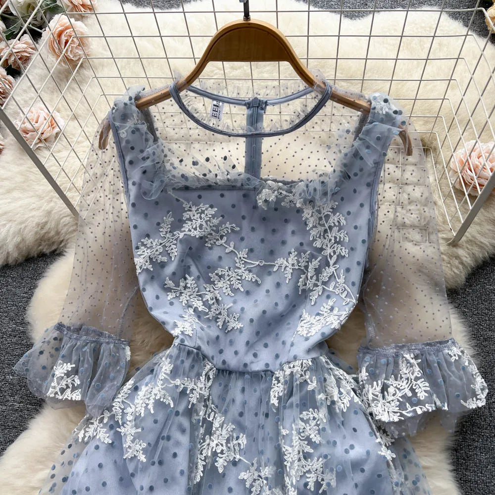 High Quality France Style Mesh Dress Women Long Ruffles Sleeves O Neck Embroidery Dot Zipper Ruched Gentle Party Sundress