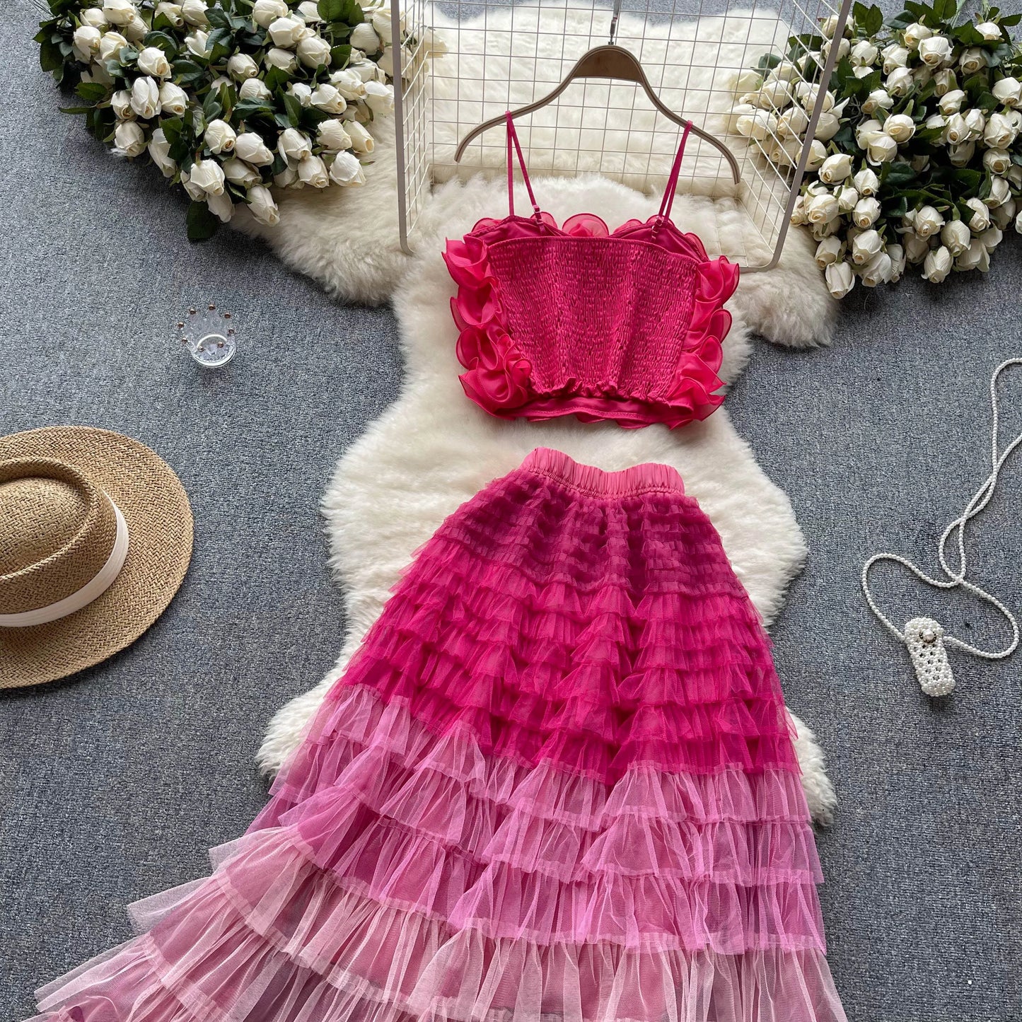 New Women Two Piece Set Summer Three-dimensional Flower Mesh Vest Tank Tops+mesh Long Skirts Fashion Korean Outfits