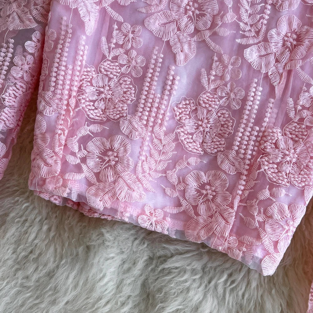 High Quality Floral Embroidery Two Piece Sets Women Suits Elegant OL Long Sleeve Shirt Mid Skirts 2 Piece Outfits Female