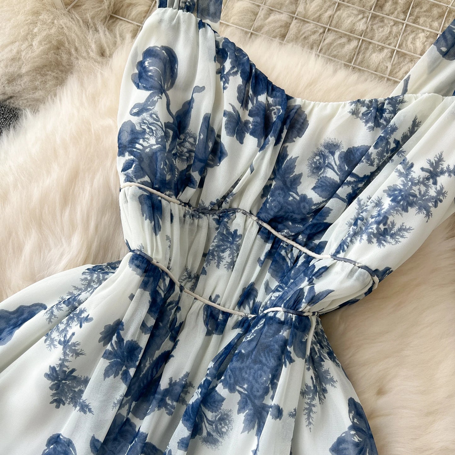 French Blue Printing Beach Long Dress Women Retro Floral Elegant Party Dresses Ladies Slim A-line Sleeveless Chiffon Long Robe