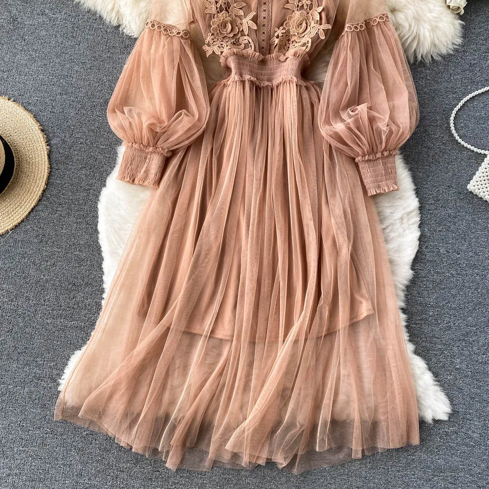 Retro Elegant Mesh Pleated two pieces Dress sets Sexy Fairy puff sleeve Summer Casual Vestidos Slim Women Evening Party Dress