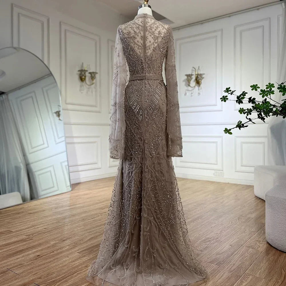 Serene Hill 2024 Muslim Nude Mermaid Elegant Bell Sleeve Beaded Luxury Dubai Long Evening Dress for Formal Occasion LA72316A