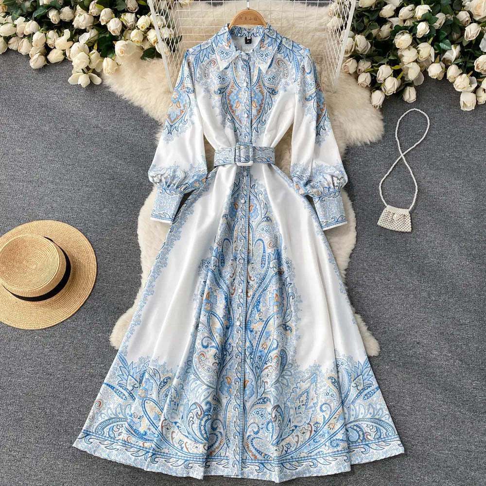 Retro Printed Party Dress Women Polo Collar Long Sleeve Elegant Long Dresses Spring Autumn French Single Breasted Shirt Dress