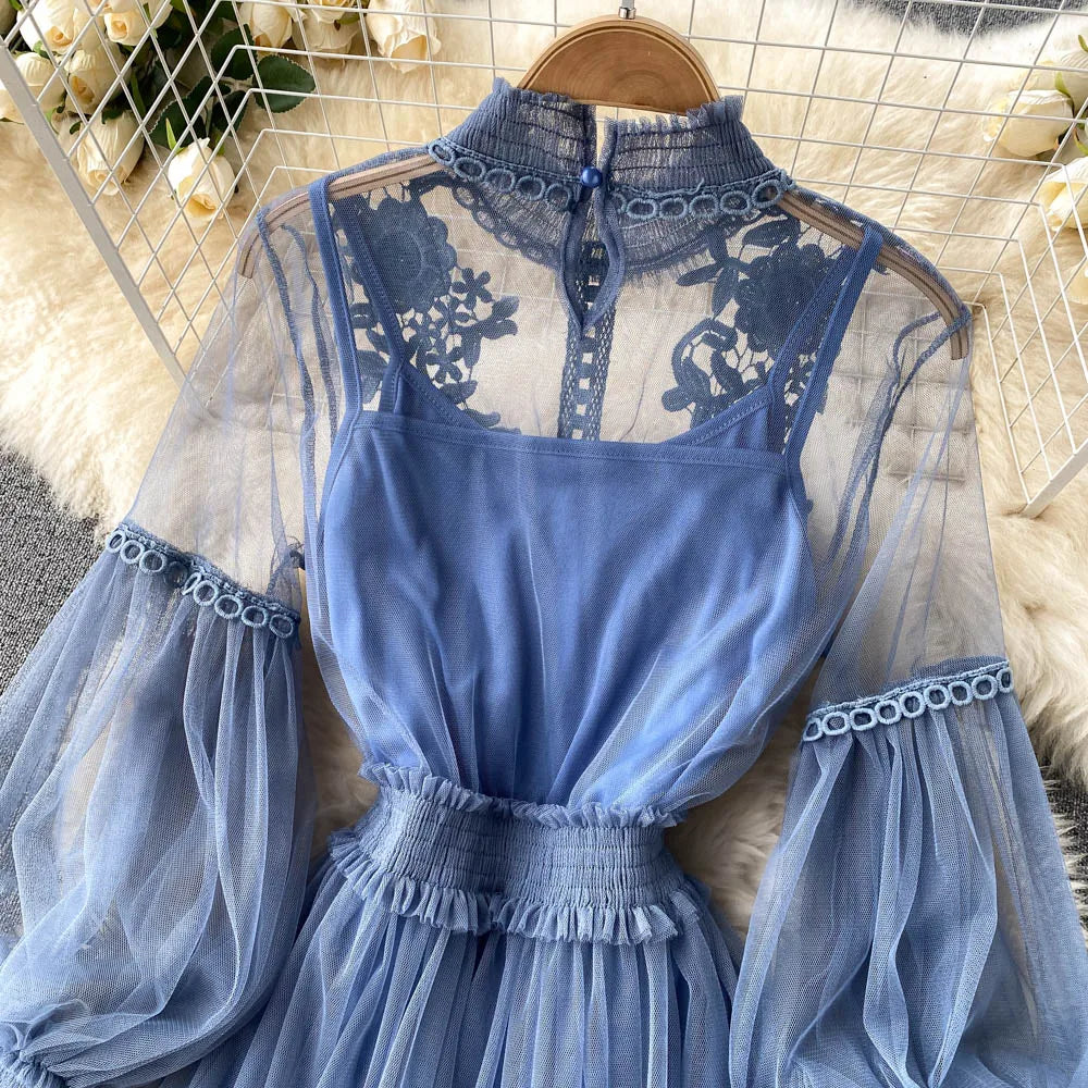 Retro Elegant Mesh Pleated two pieces Dress sets Sexy Fairy puff sleeve Summer Casual Vestidos Slim Women Evening Party Dress
