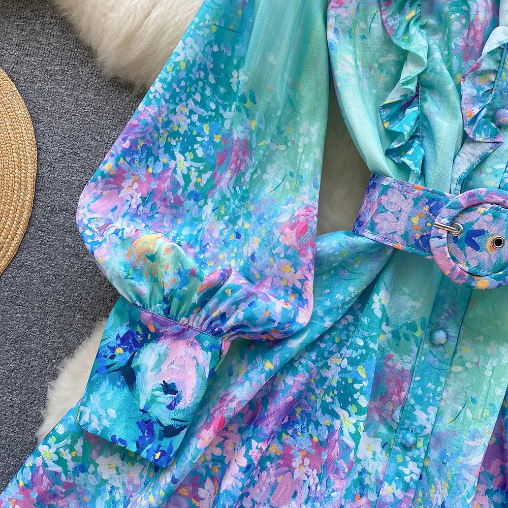 Mini Dresses For Women Frill Trim Long Sleeve Spring Vacation Dress Stand Collar Elegant Vintage Floral Print Dress With Belt