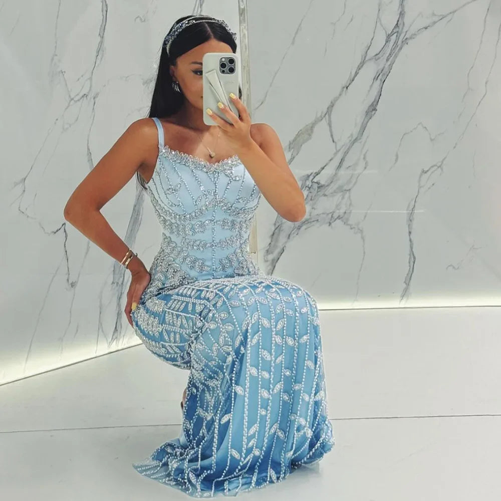 Serene Hill 2024 Arabic Blue Spaghetti Strap Mermaid Gown Luxury Beaded Saudi Evening Dress for Formal Occasion GLA72725