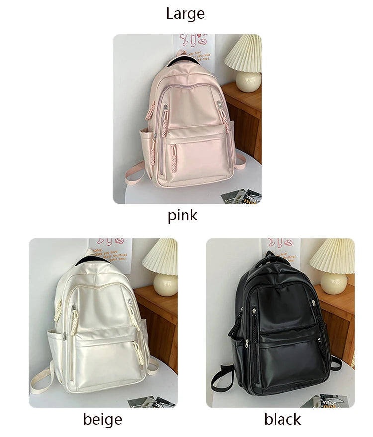 Korean Fashion College Student School Bags Women's New Trendy Casual Glossy Leather Backpacks Versatile Large Capacity Handbags