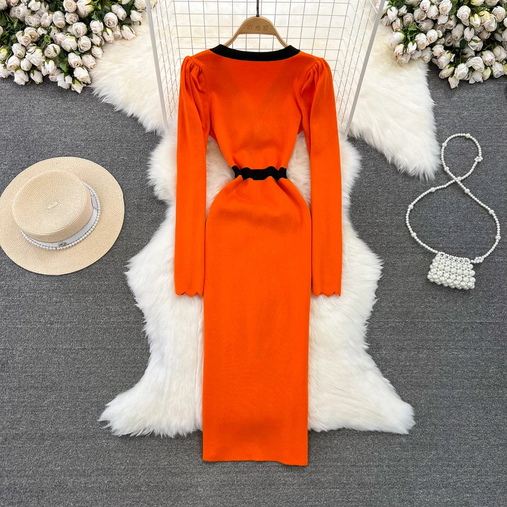 Women Elegant Butterfly Long Sleeve Bodycon V Neck Split Dress Vintage French Slim Knit Tight Vestido Autumn Winter Sweater Robe
