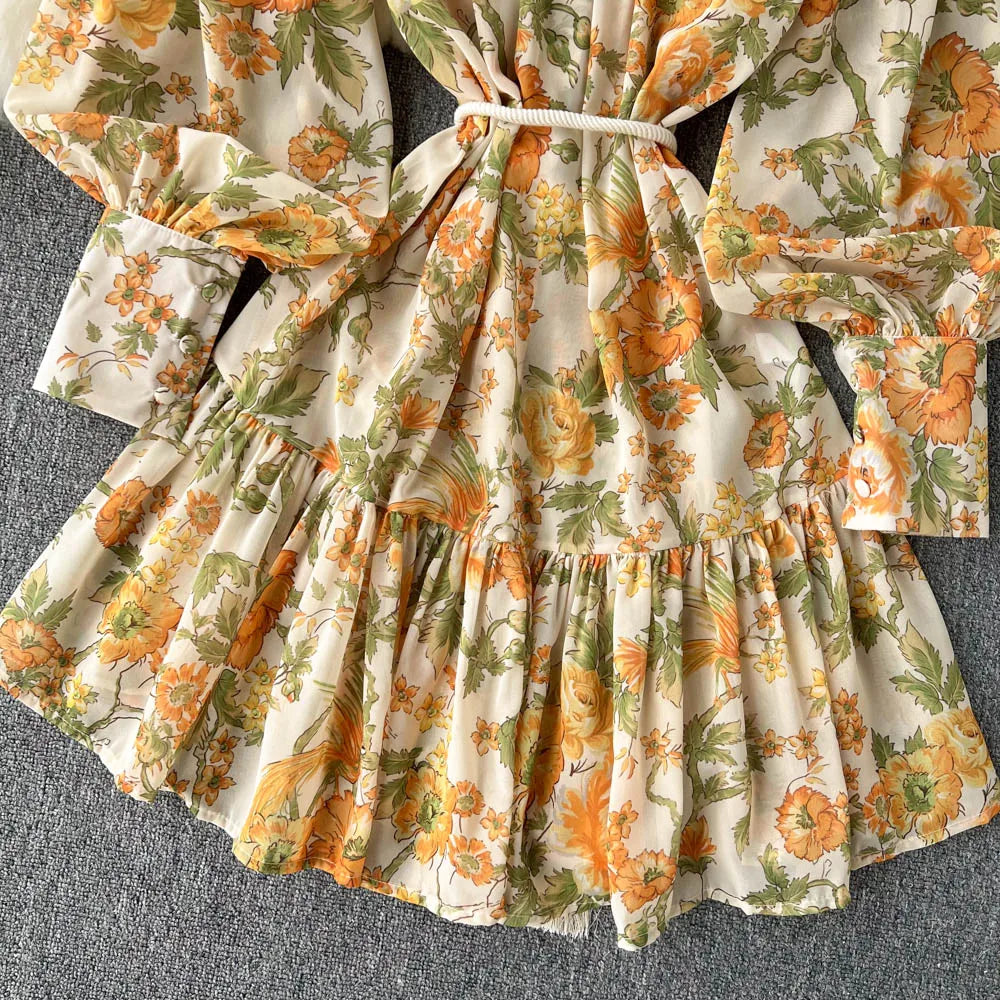 Elegant Party Dresses For Women Stand Collar Vintage Floral Print Dress Long Sleeve Holiday Beach Chiffon Mini Dress With Belt