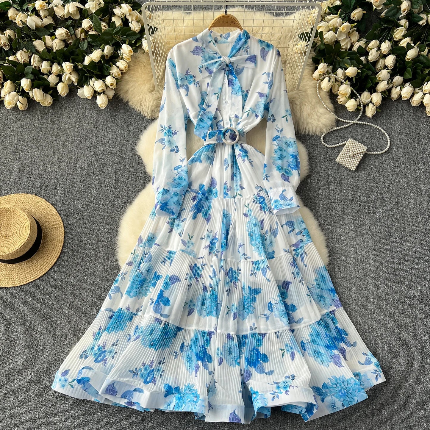 French Vintage Ruffle Lace-up Bow Puff Sleeves Long Sleeves Dress korean fashion Casual Women Fashion summer dresses
