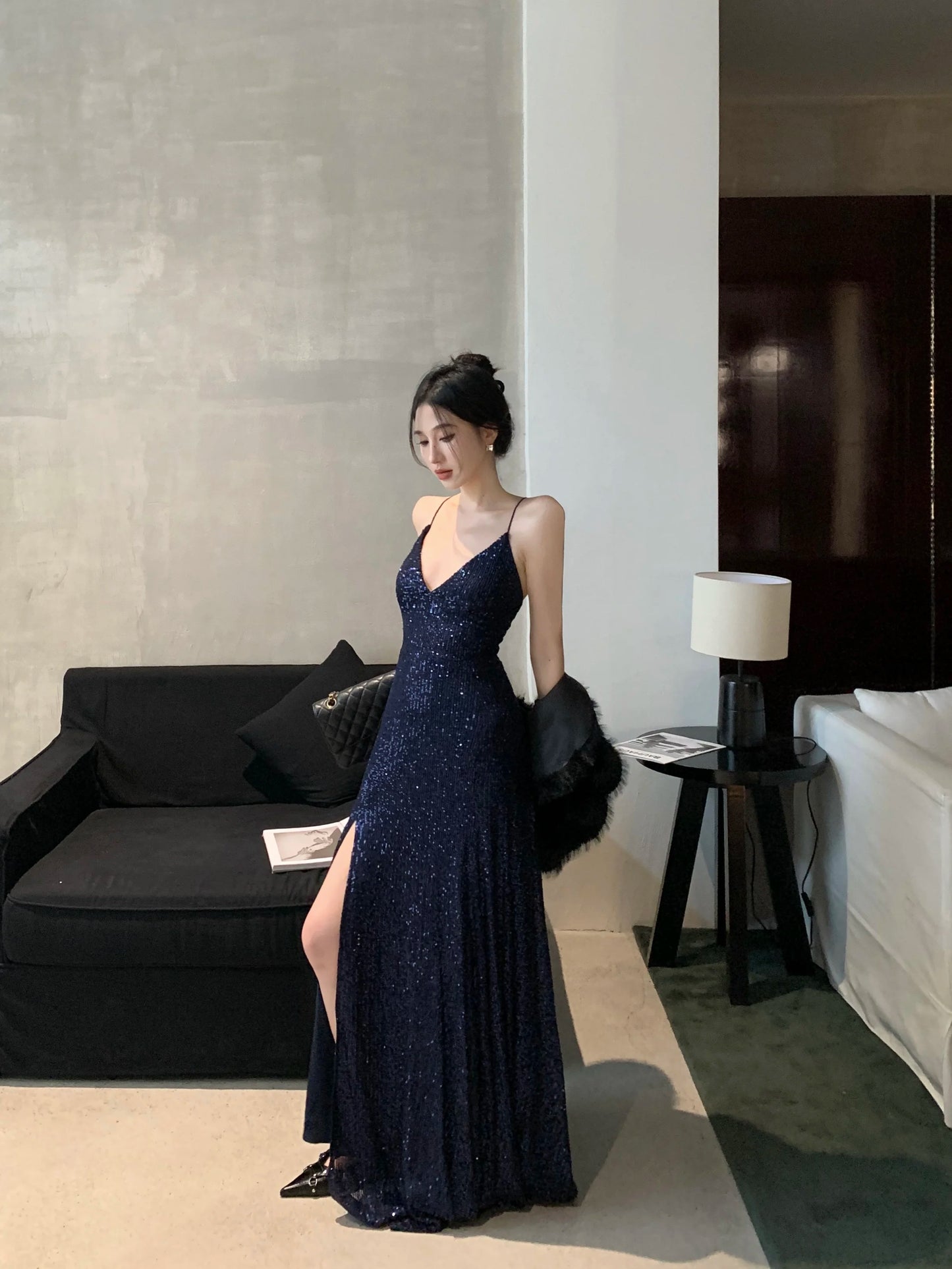 Women's Backless V-Neck Split Maxi Dress Sexy Slim Evening Gown Luxury Dresses Fashion Robe Birthday Party Spring Autumn New