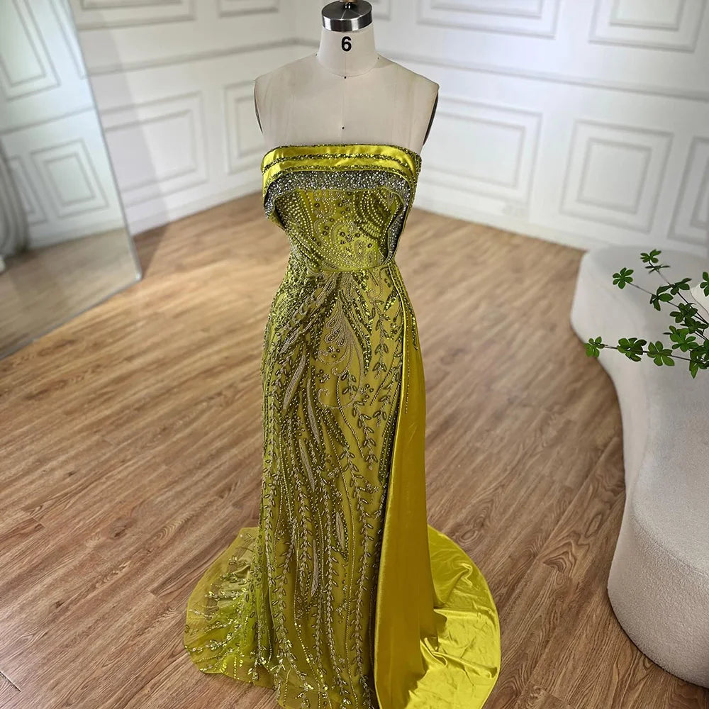 Serene Hill 2024 Arabic Nude Strapless Satin Mermaid Beaded Luxury Dubai Evening Gown with Side Skirt for Women's Party BLA72665