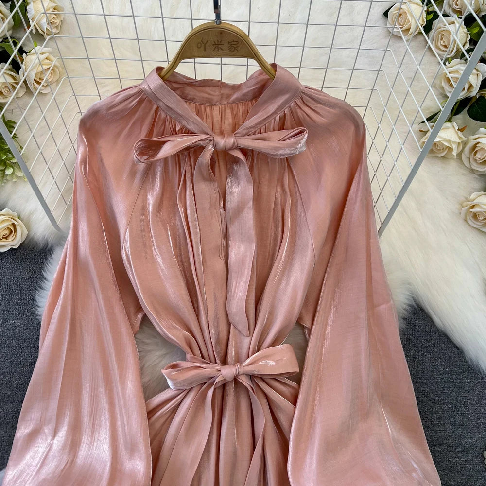 Autumn Elegant Women Fashion Party Long Dress Bow Lace Up Long Sleeve Evening Dresses A-Line Casual Vestidos One Piece Prom Robe