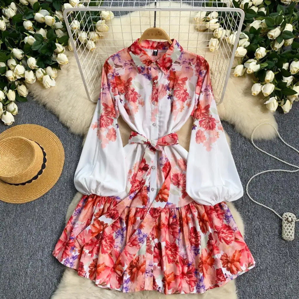 Elegant Casual Women Pleated Print Mini Dress Vintage Lace-up Lantern Sleeve Ruffles Short Dresses Female Party Clothes Robe