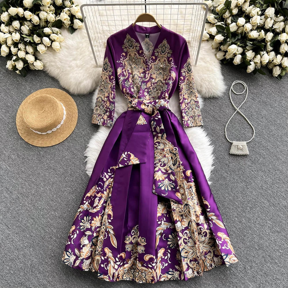 Pinkou Women Elegant Print Maxi Dress Cross V Neck Bow Tie Sashes Three Quarter Sleeve Female Chic Wrap Dresses Vestido QA815