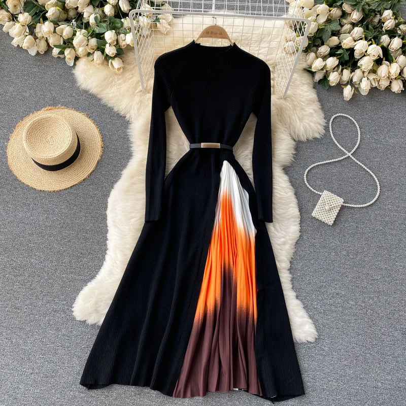 Elegant Chic Pleated Knit Dress French Long Sleeve Party Gothic A-line Vestidos High Waist Basic Slim Women Autumn Winter Dress