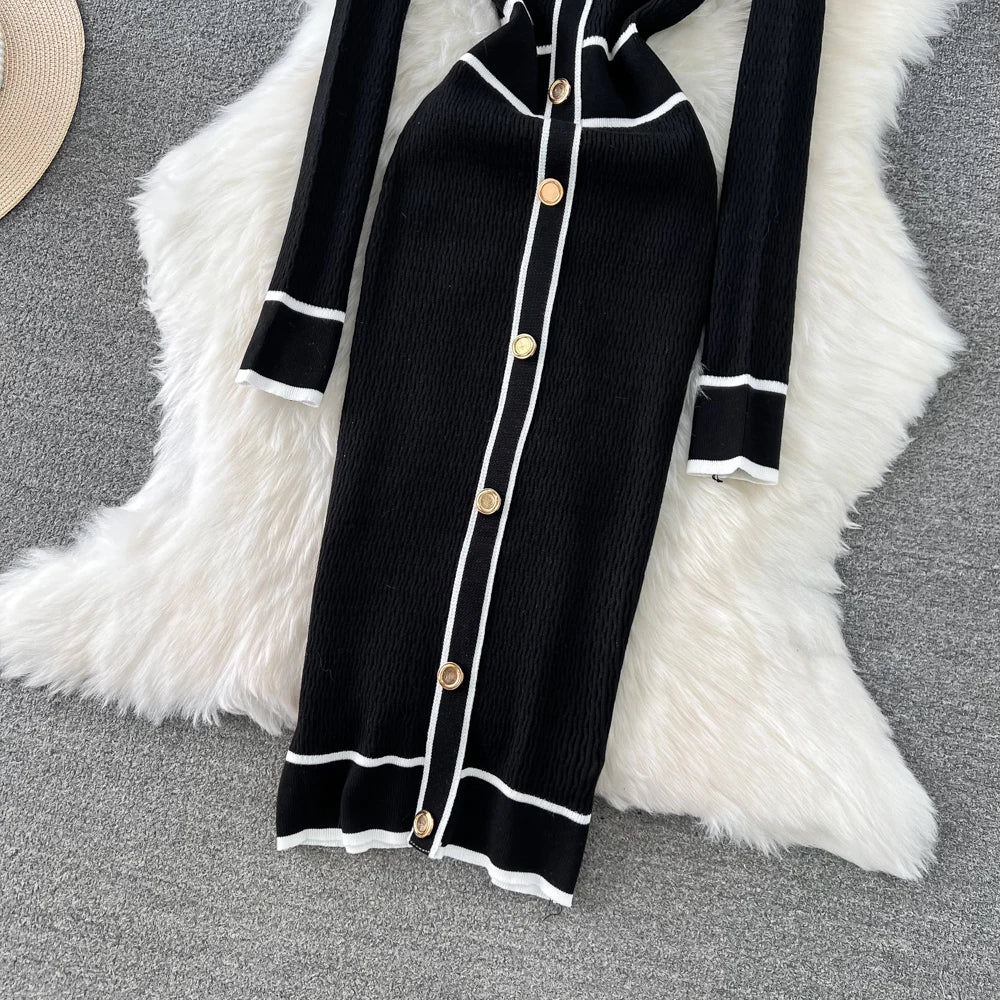 Women Elegant Bodycon Slim Party Knitted Dress Long Sleeve O-Neck Vintage Chic Prom Birthday Vestidos Autumn Female Long Robe