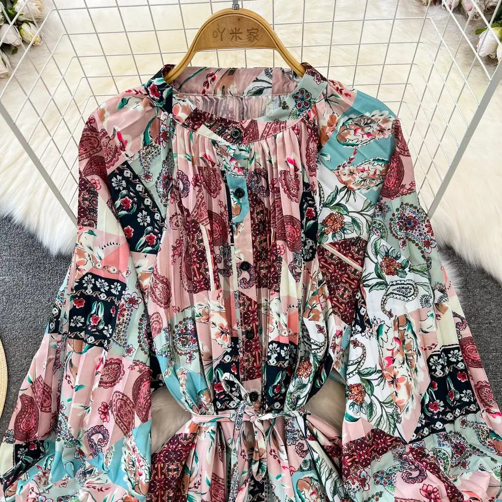 Elegant Women Casual Floral Print Party Dress Vintage Lantern Sleeve A-Line Pleated Prom Birthday Clothes Female Fashion Robe