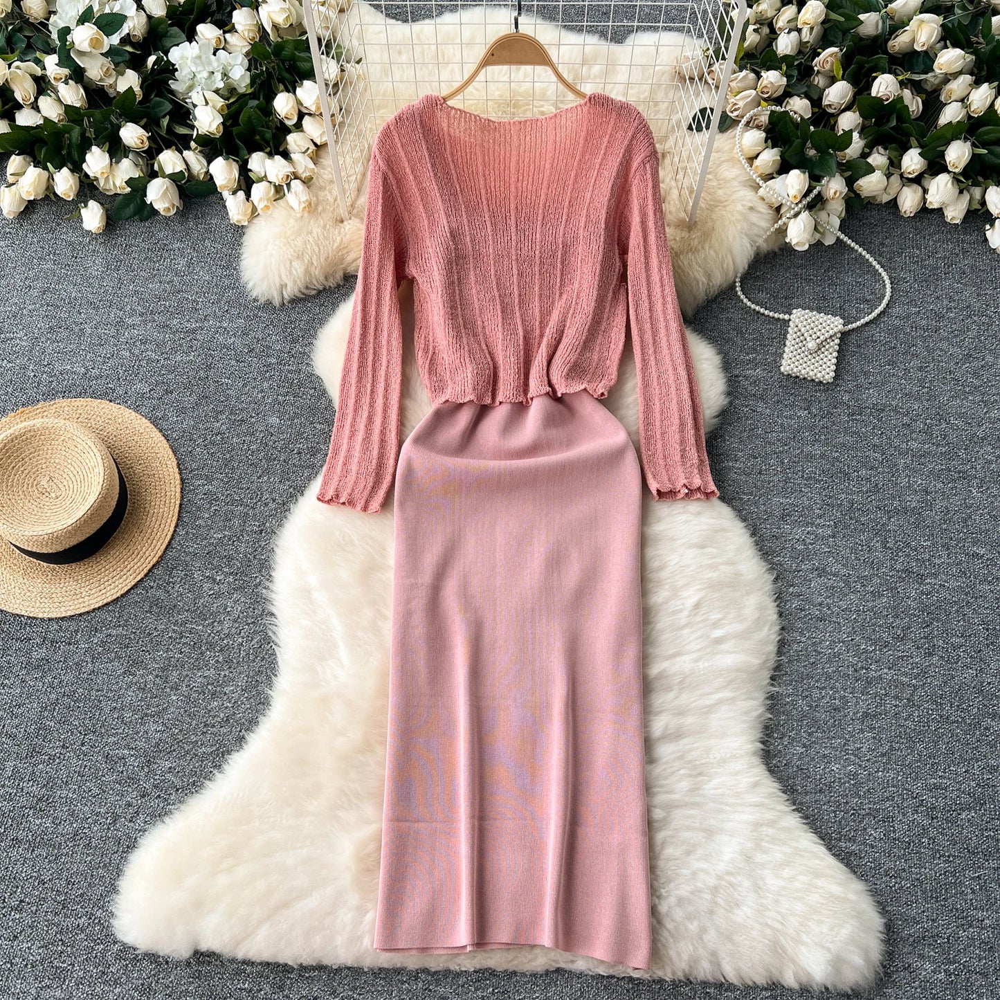 French Vintage Shirring lool sleeve slip knit overcoat with sweet slip A-line Chic Casual Vacation Women Summer dresses