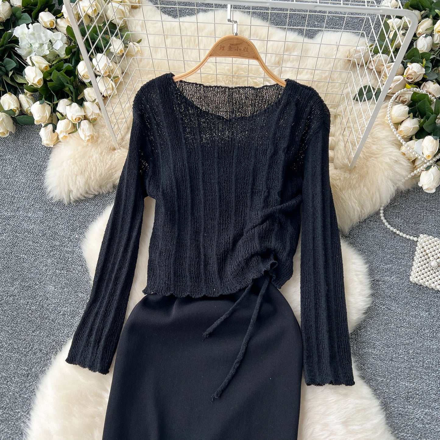 French Vintage Shirring lool sleeve slip knit overcoat with sweet slip A-line Chic Casual Vacation Women Summer dresses