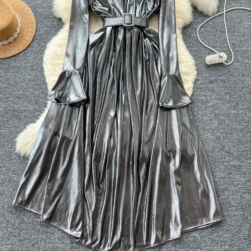 Autumn Vintage Pleated Women Long Dress Elegant Stand Collar Solid A-Line Party Prom Vestidos Female Birthday Clothes Mujers