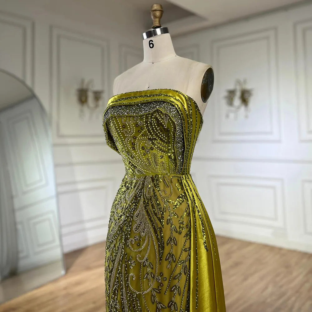 Serene Hill 2024 Arabic Nude Strapless Satin Mermaid Beaded Luxury Dubai Evening Gown with Side Skirt for Women's Party BLA72665
