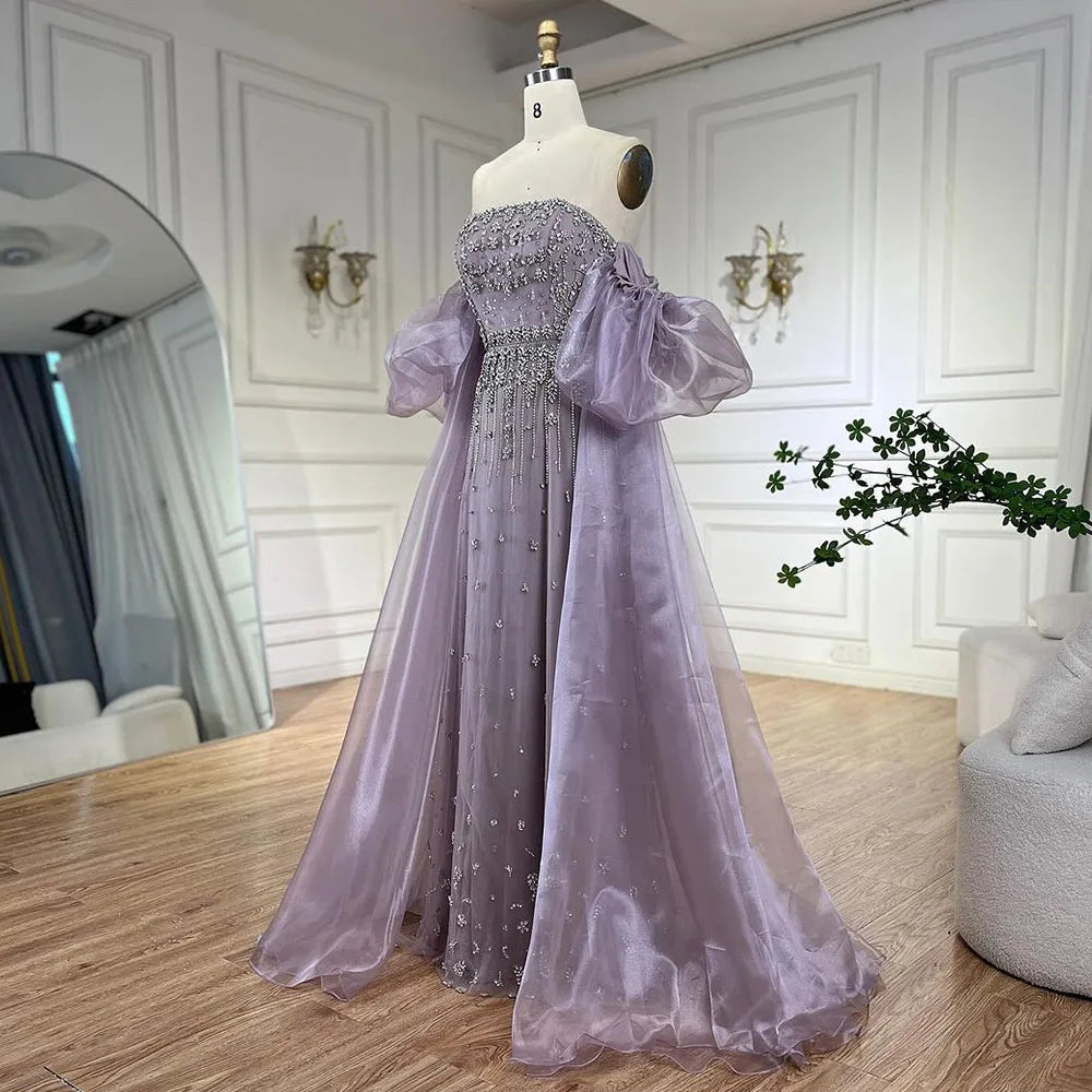 Serene Hill Black Sexy Off the Shoulder Puff Sleeves Evening Dresses Beaded Overskirt Mermaid Party Gown For Women 2023 BLA72002