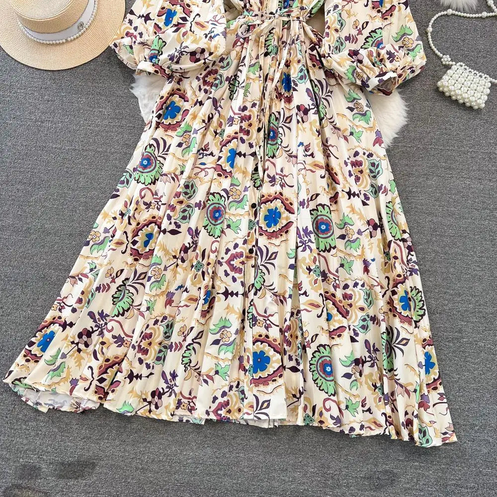 Elegant Women Casual Floral Print Party Dress Vintage Lantern Sleeve A-Line Pleated Prom Birthday Clothes Female Fashion Robe