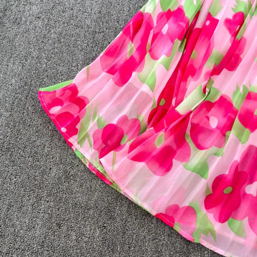 Summer Vintage Casual A-Line Floral Print Women Dress Elegant Chic Pleated Party Prom Vestidos with Belted Female Long Robe