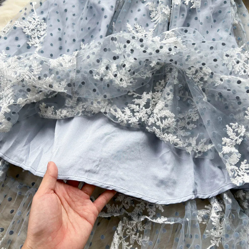High Quality France Style Mesh Dress Women Long Ruffles Sleeves O Neck Embroidery Dot Zipper Ruched Gentle Party Sundress