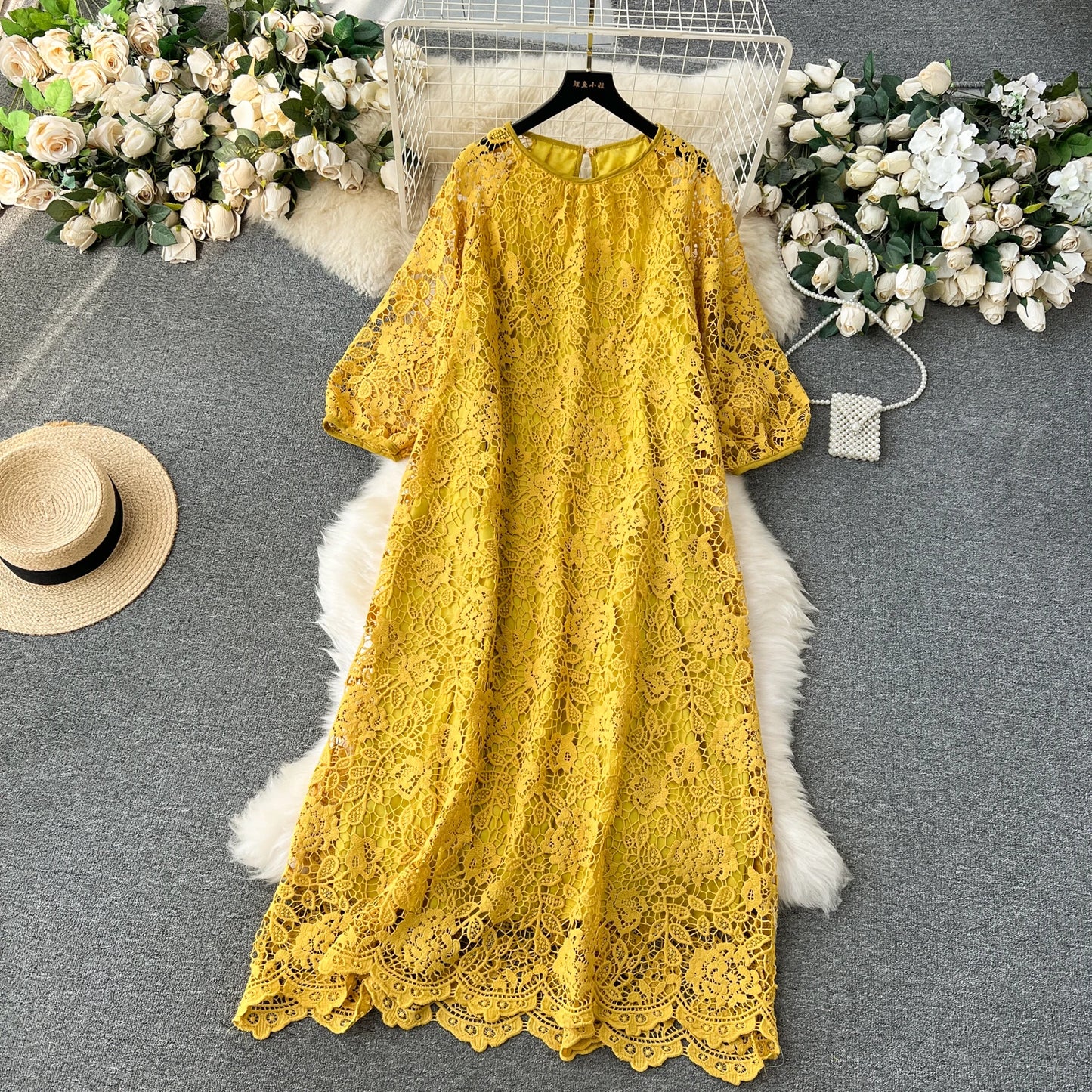 Chic Long Sleeve O Neck Lace Hook Flower Hollow Loose Dress Chiffon A-line Casual Dresses Fashion Women Elegant Vestidos