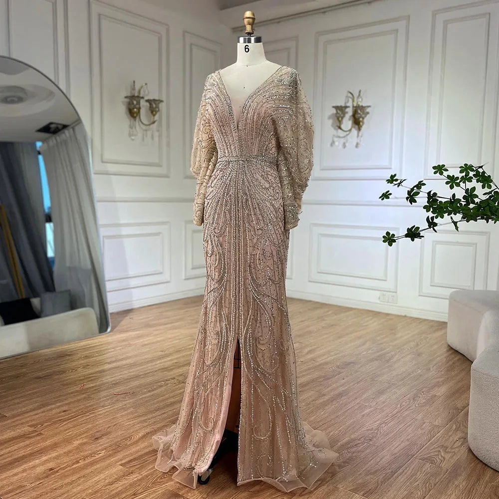 SERENE HILL 2024 Arabic Gold Elegant Mermaid Black Luxury Beaded Evening Dresses Gowns Diamond For Women Wedding Party GLA72288A