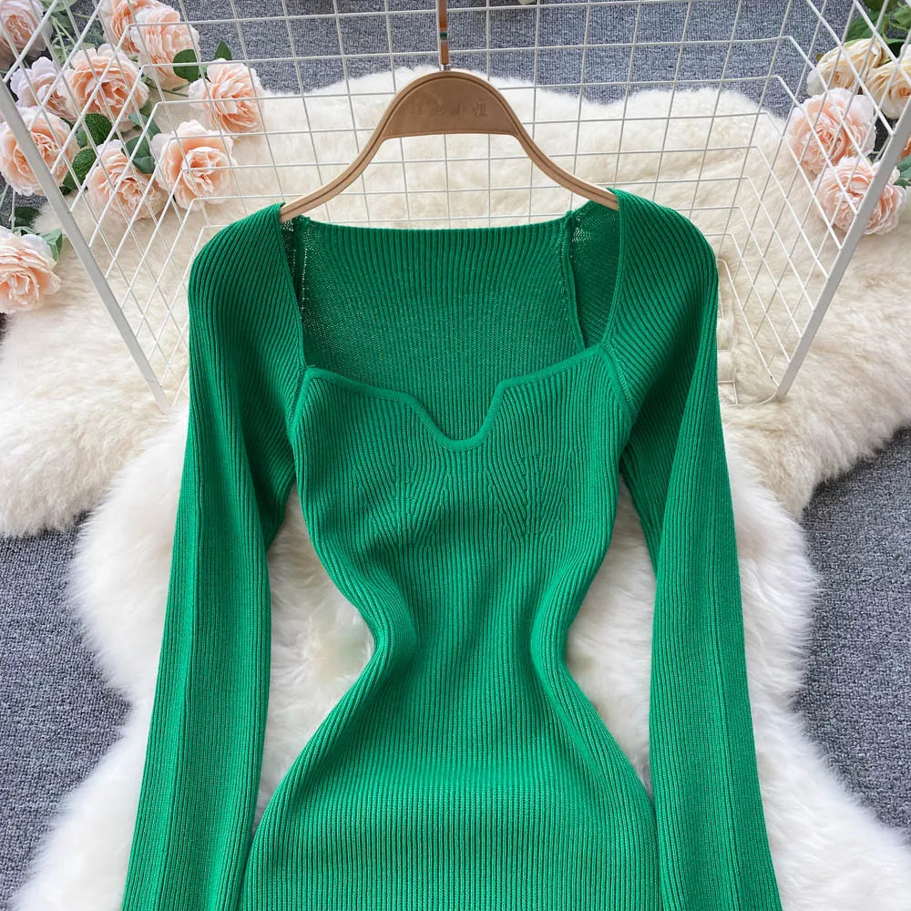 Women Long Sleeve Sexy Bodycon Dress with slit Vintage French Fashion Knit v neck Vestidos Basic Tight Elegant Slim Chic Dresses