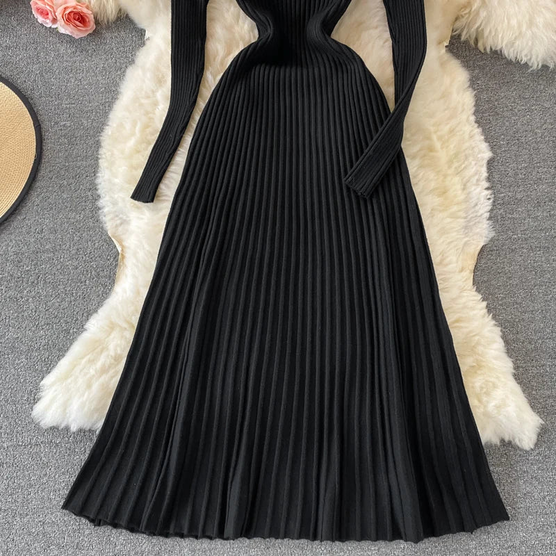 Women Chic Turtleneck Long Sleeve Sexy A-line Sweater Dress Vintage Korean Fashion Knit Vestido Elegant Autumn Winter Knitwear
